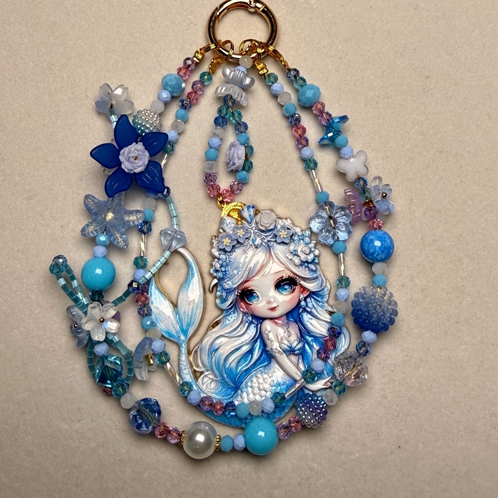 Blue Mermaid Phone Wristlet Keychain Glow in Dark Fantasy Bag Charm Handmade